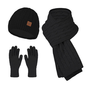 Autumn and Winter Hats Gloves Scarves Three Piece Knitted Hat Plush and Thickened Wool Hat  Neck Set Cross border Popular