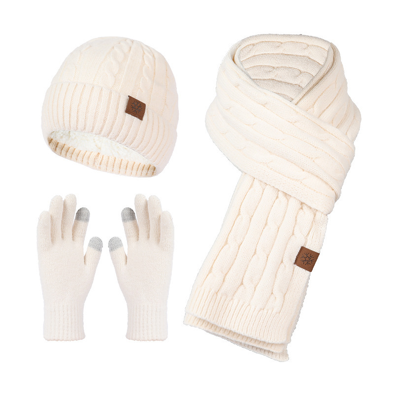 Autumn and Winter Hats Gloves Scarves Three Piece Knitted Hat Plush and Thickened Wool Hat  Neck Set Cross border Popular