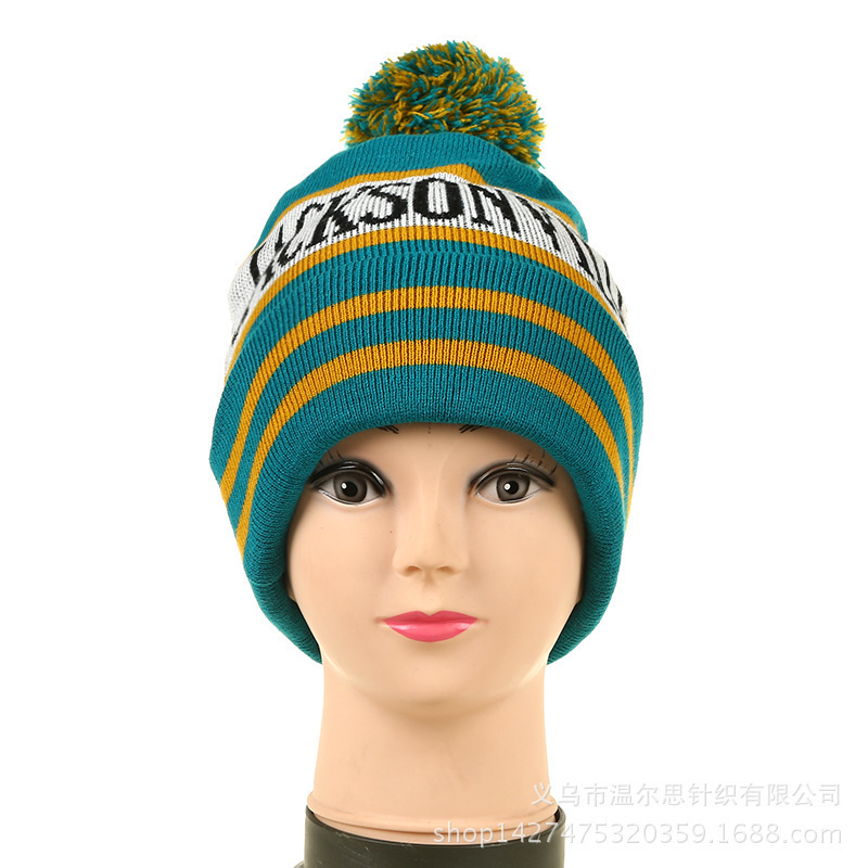 Custom Team club Factory Knitting Flat Machine Jacquard Hat Football Hat with pom pom