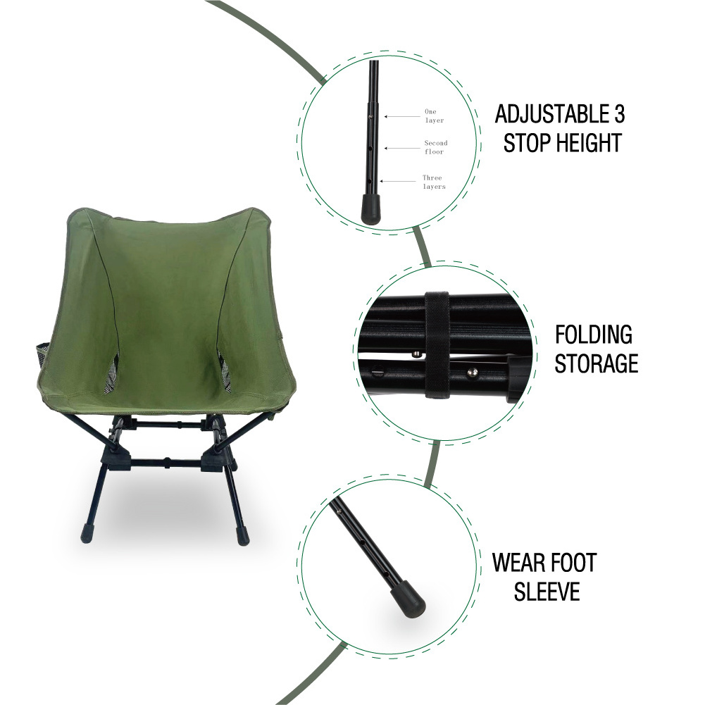 Custom Portable Canvas Folding Height Outdoor Adjustable Moon Camping Lawns Chair for Hiking Walking Sitting