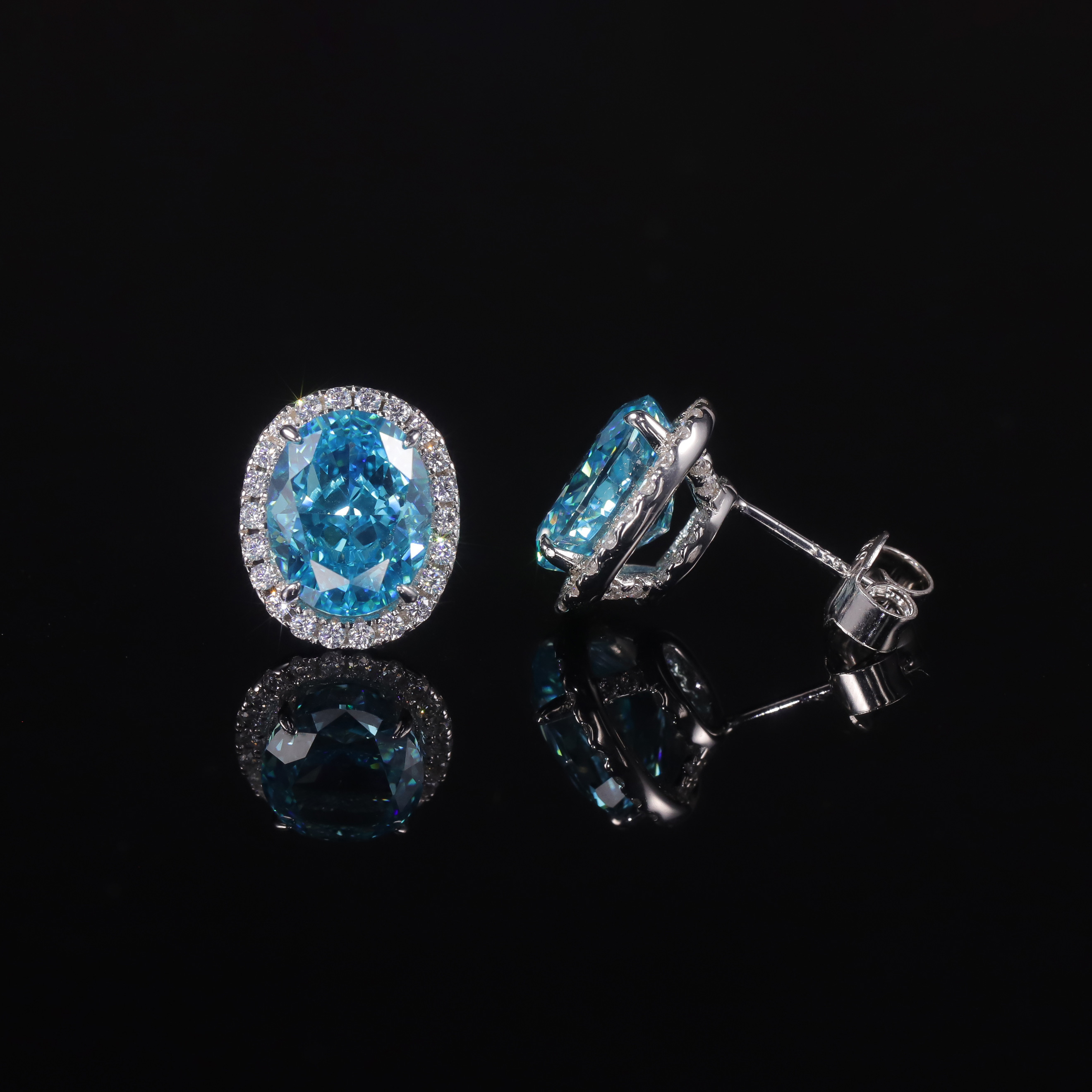 AE067 Wedding Luxury 925 Sterling Silver Women Oval Cut 8x10mm Aquamarine Blue Crushed Ice CZ Blue Diamond Earrings