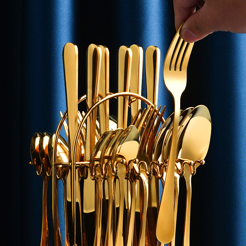 Gift Boxes Gold Luxury Cutlery Set 24pcs Stainless Steel Flatware Sets Tableware With Holder Rack