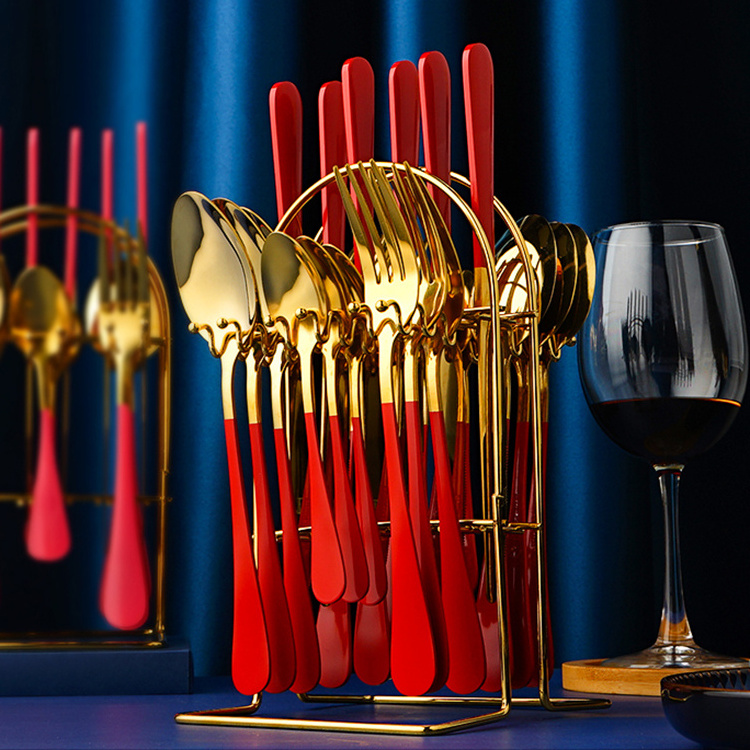 Gift Boxes Gold Luxury Cutlery Set 24pcs Stainless Steel Flatware Sets Tableware With Holder Rack