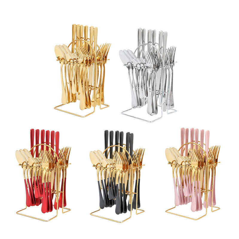 Gift Boxes Gold Luxury Cutlery Set 24pcs Stainless Steel Flatware Sets Tableware With Holder Rack