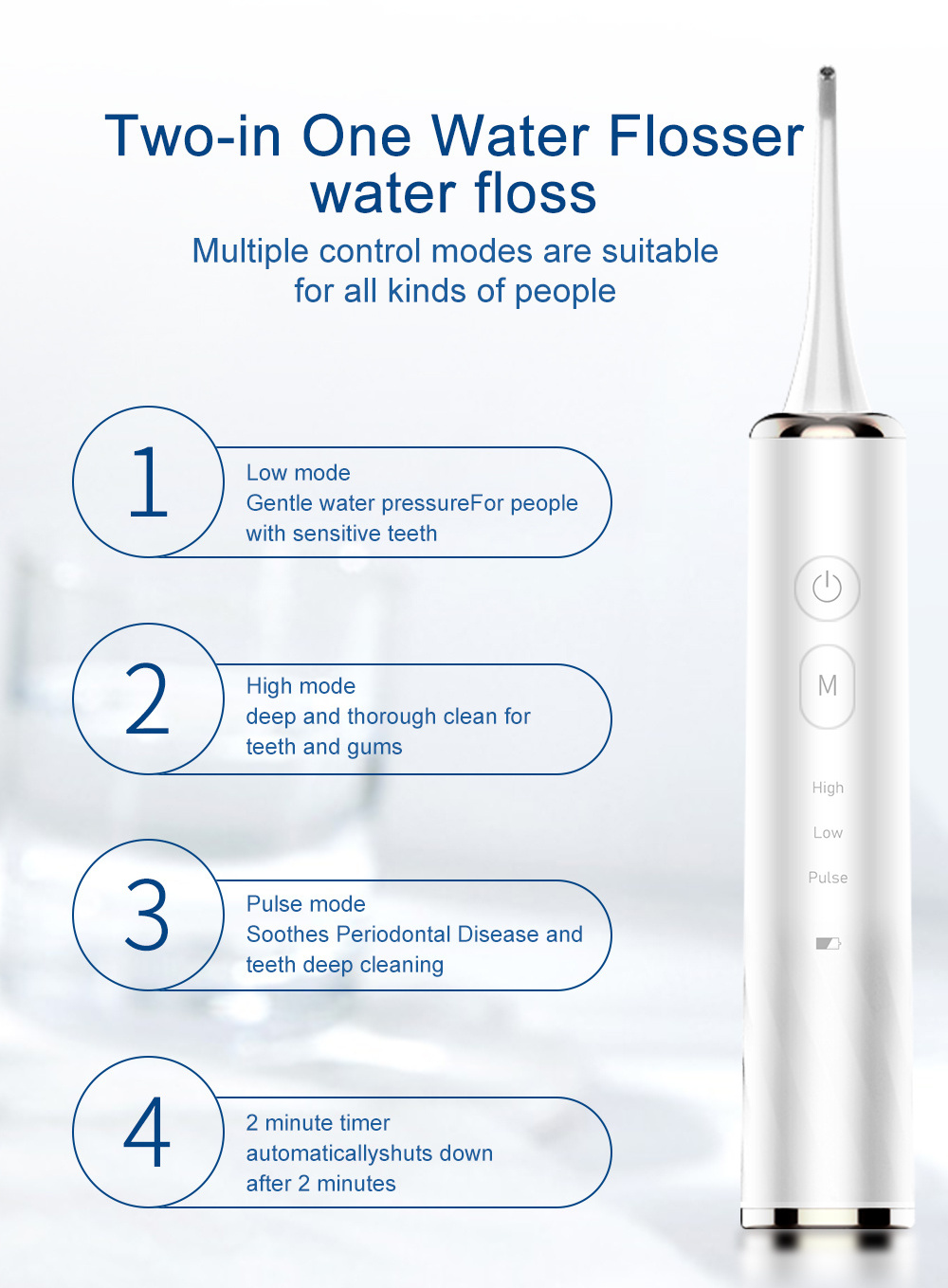 CE approved Portable Water flosser 2 in 1 Teeth Cleaning Kit with 2 Brush Heads Rechargeable All colors NEW for Travel and Home