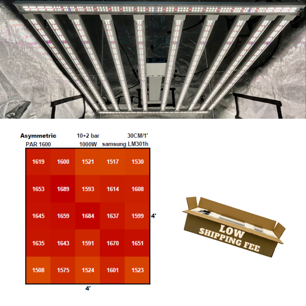 Asymmetric Led Bar Grow Light PAR1600 - Patent Pending. Best PPFD Map 1000W 10+2 light for 4'x4' tent Farred UV IR full spectrum