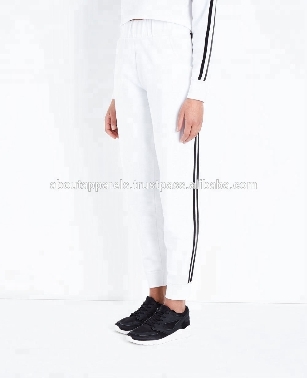 Cheaper new design custom plain blank tracksuit soccer training tracksuit, White Side Stripe Slim Leg Joggers Sweatsuit,