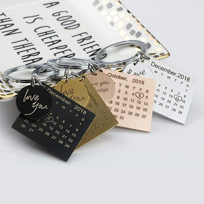 Stainless Steel Round Square Personalized Keyring Custom Wedding Anniversary Date Engraved Calendar Keychain