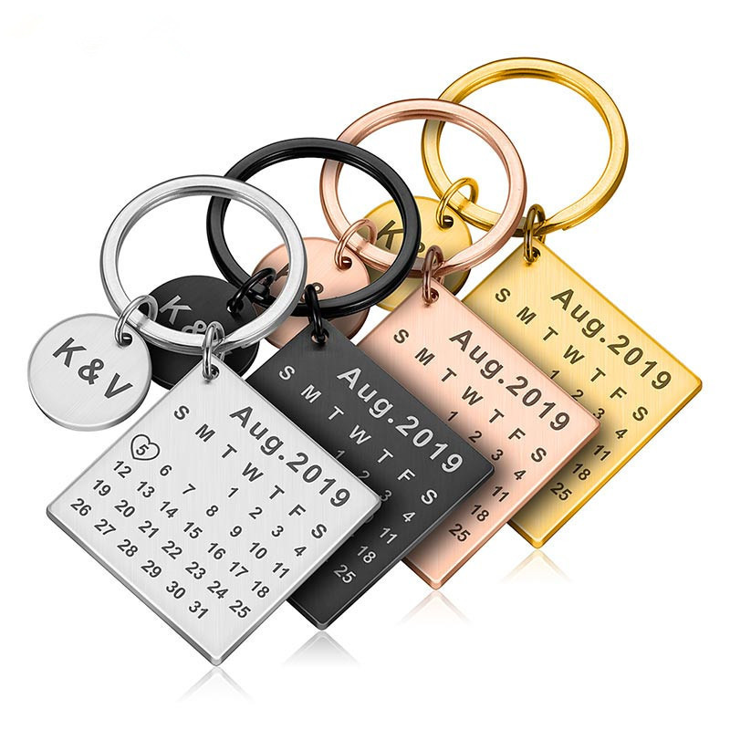 Stainless Steel Round Square Personalized Keyring Custom Wedding Anniversary Date Engraved Calendar Keychain