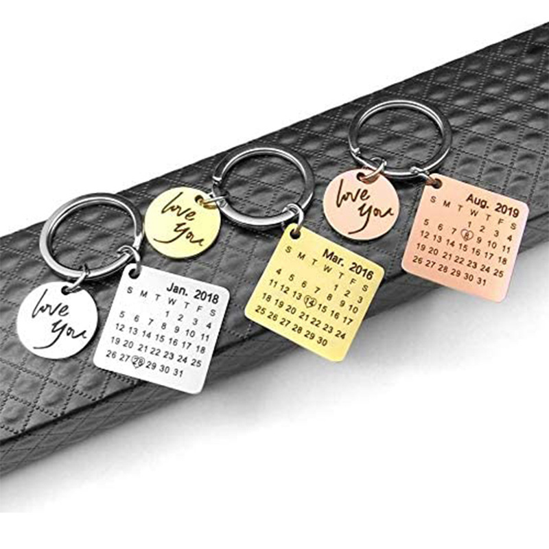 Stainless Steel Round Square Personalized Keyring Custom Wedding Anniversary Date Engraved Calendar Keychain