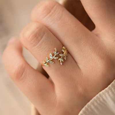 18K Gold Plating S925 Women Floral Tiara Diamond ring Promise Leaf Adjustable Finger Ring 925 Sterling Silver Olive Leaf Rings