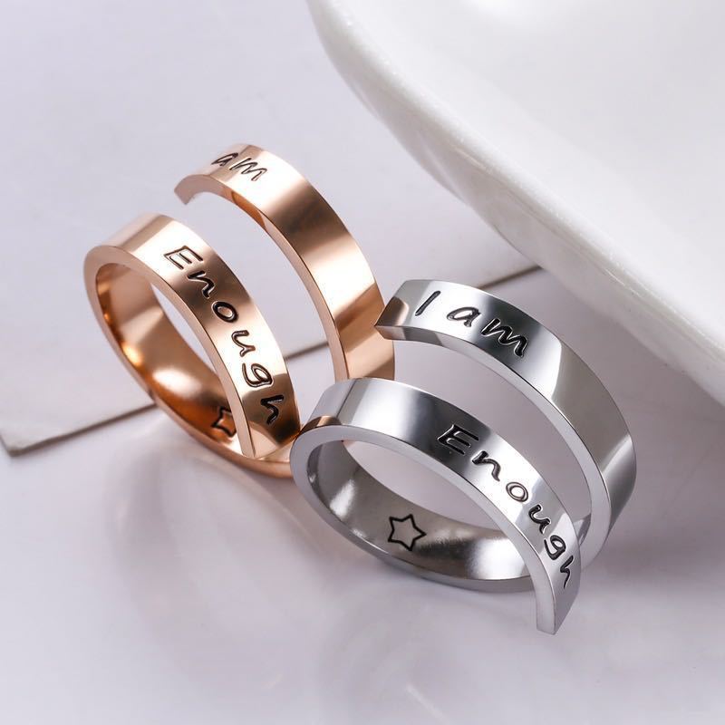 I am Enough Inspiried bague de fiancaille Customized Engraved Words Silver Rose Gold Stainless Steel Name Ring for Man Women