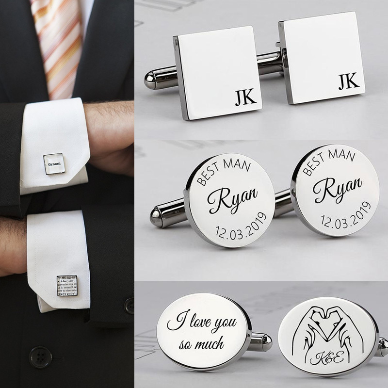 Custom Gold Round Square Stainless steel Personalised Engraved Cufflinks Wedding Role Cufflinks Best Mens suit blank Cufflinks