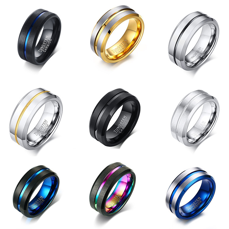 6mm 8mm rainbow Black Blue cobalt Groove Brushed Wedding Tungsten Band rings Blue Stripe Ring Tungsten Carbide for men women