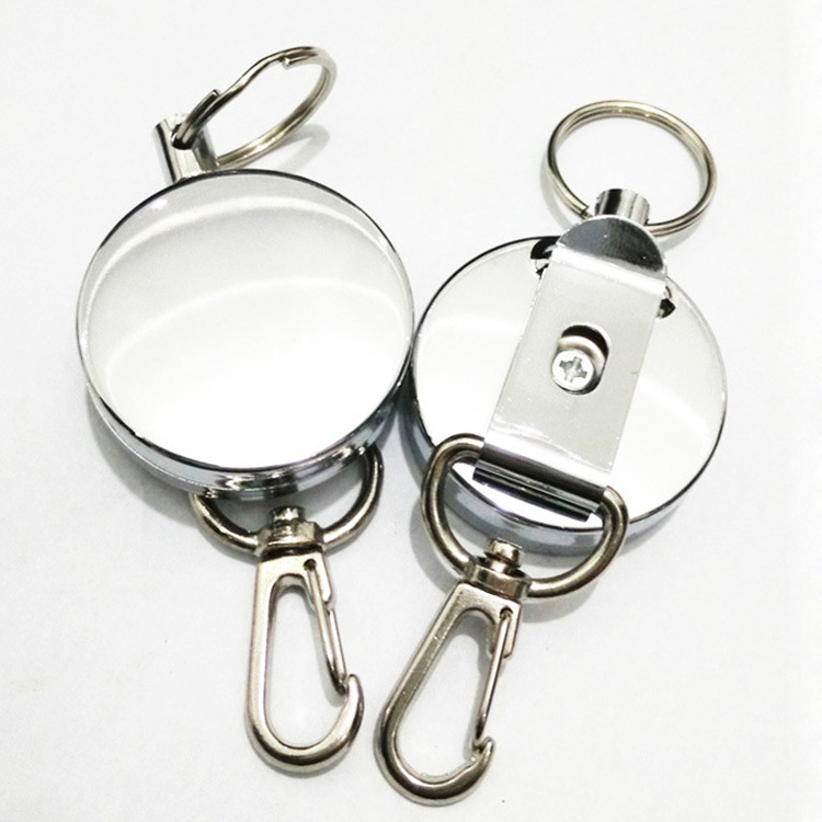 4CM ROUND Custom logo Stainless Steel key fob keychain retractable metal Badge reel Name ID badge holder with Belt Clip