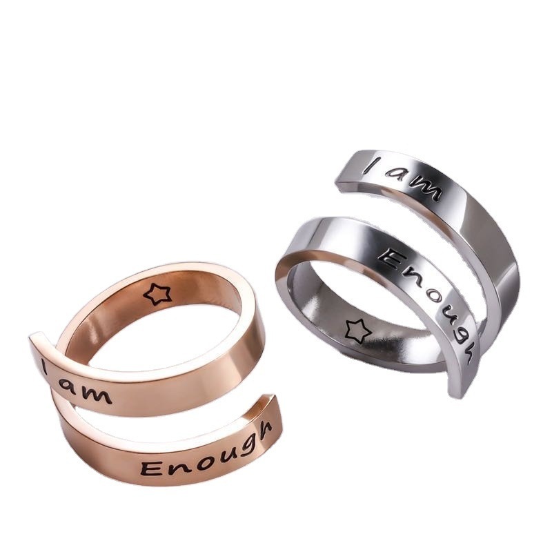 I am Enough Inspiried bague de fiancaille Customized Engraved Words Silver Rose Gold Stainless Steel Name Ring for Man Women