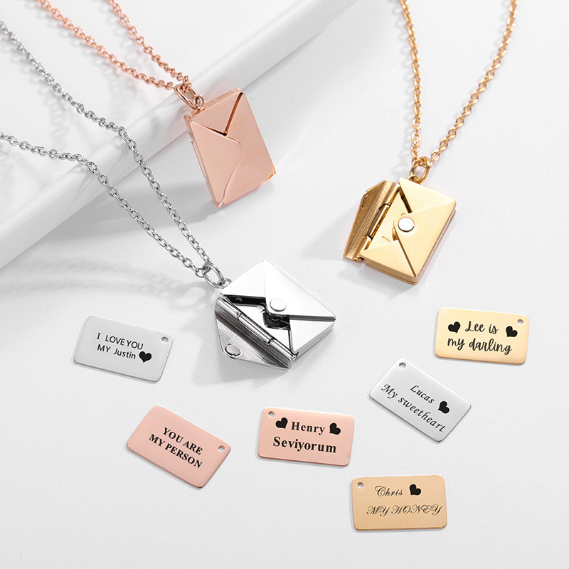 Stainless Steel I LOVE YOU Engraved Letter Necklace soul key necklace Personality Gold Filled Envelope Memory Locket Necklace