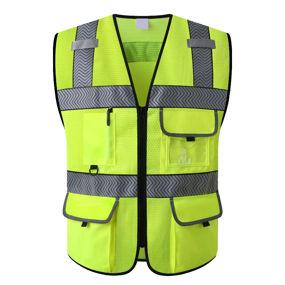 Factory custom logo hi vis yellow orange reflective construction traffic work wear safety vest with multi pockets ID window