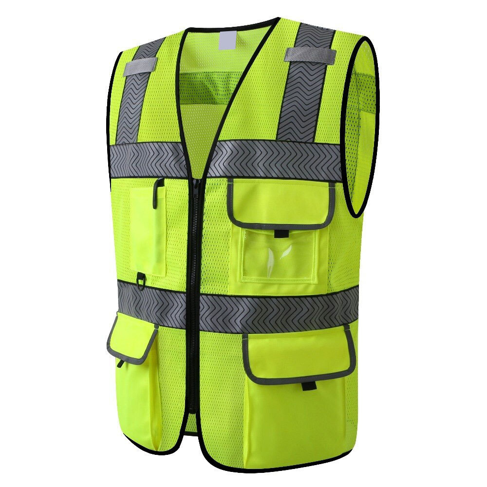 Factory custom logo hi vis yellow orange reflective construction traffic work wear safety vest with multi pockets ID window