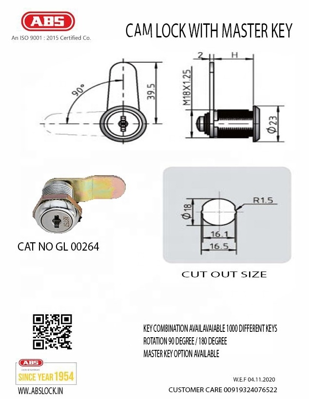 cam lock 1000 different key combination with master key option