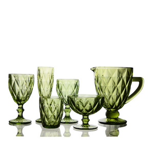 Wholesale vintage style colored retro diamond pattern goblets glassware embossed wine glass