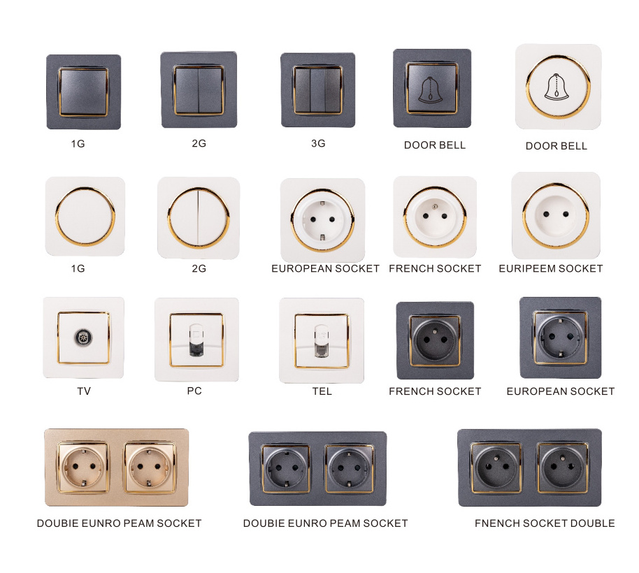 Abuk Saudi Arabia Russia EU European French Style Pc Panel Gold Grey White Color Electric Power Wall Light Switches And Sockets