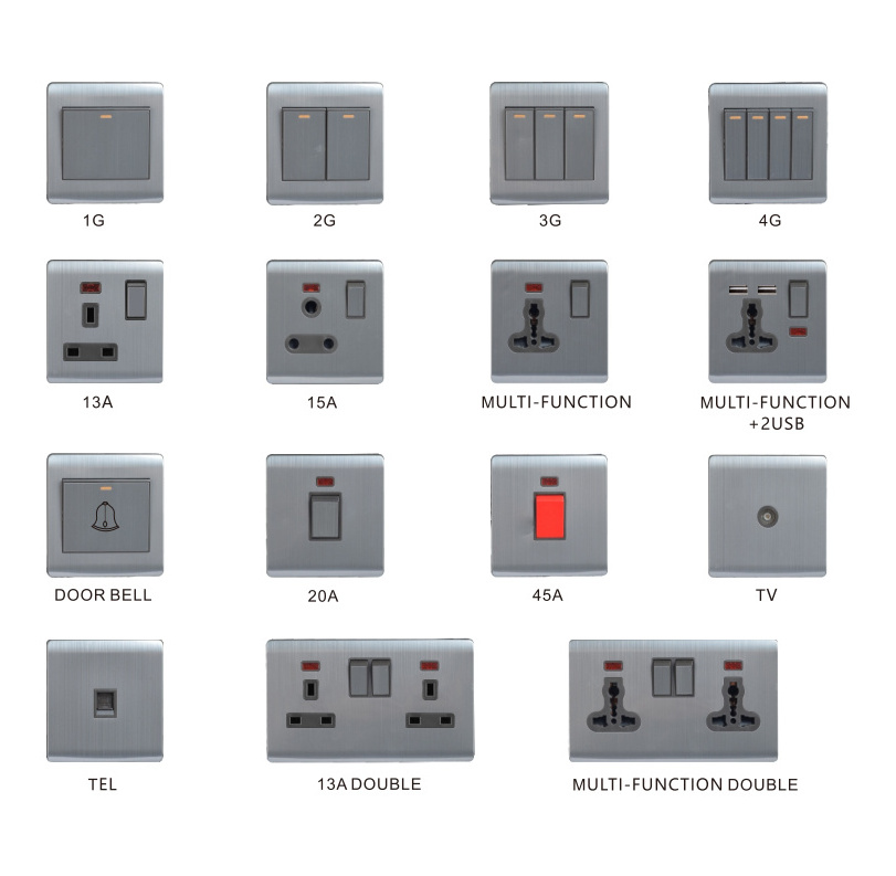 Abuk home light wall power 2 gang 2 way switches stainless steel panel plug uk electrical sockets and switches with usb