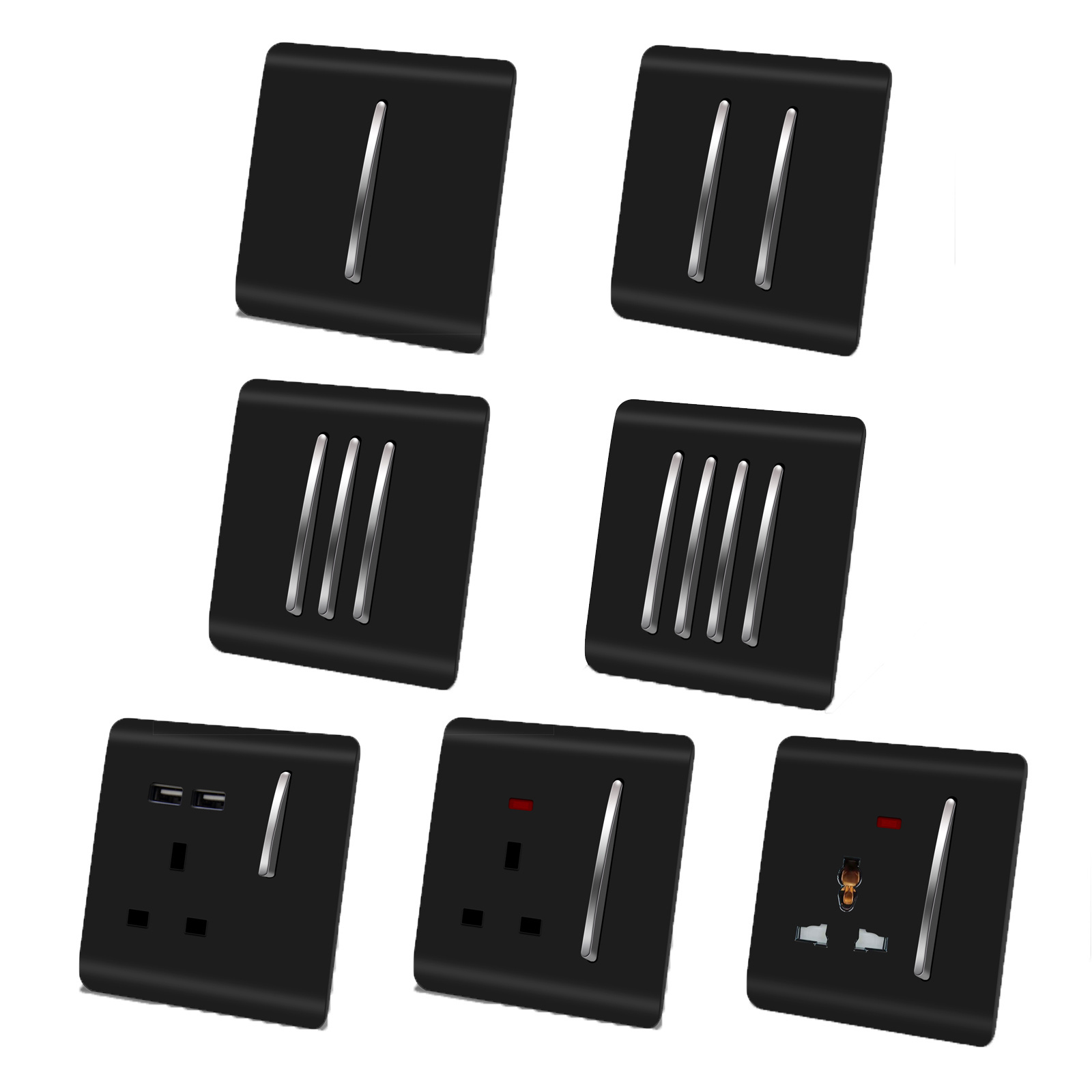 Abuk Black 1/2/3/4 Gang 1/2/3/4 Way Piano Switch Socket Uk Wall Button/Piano Key Led Light Power Electric Switches For Home