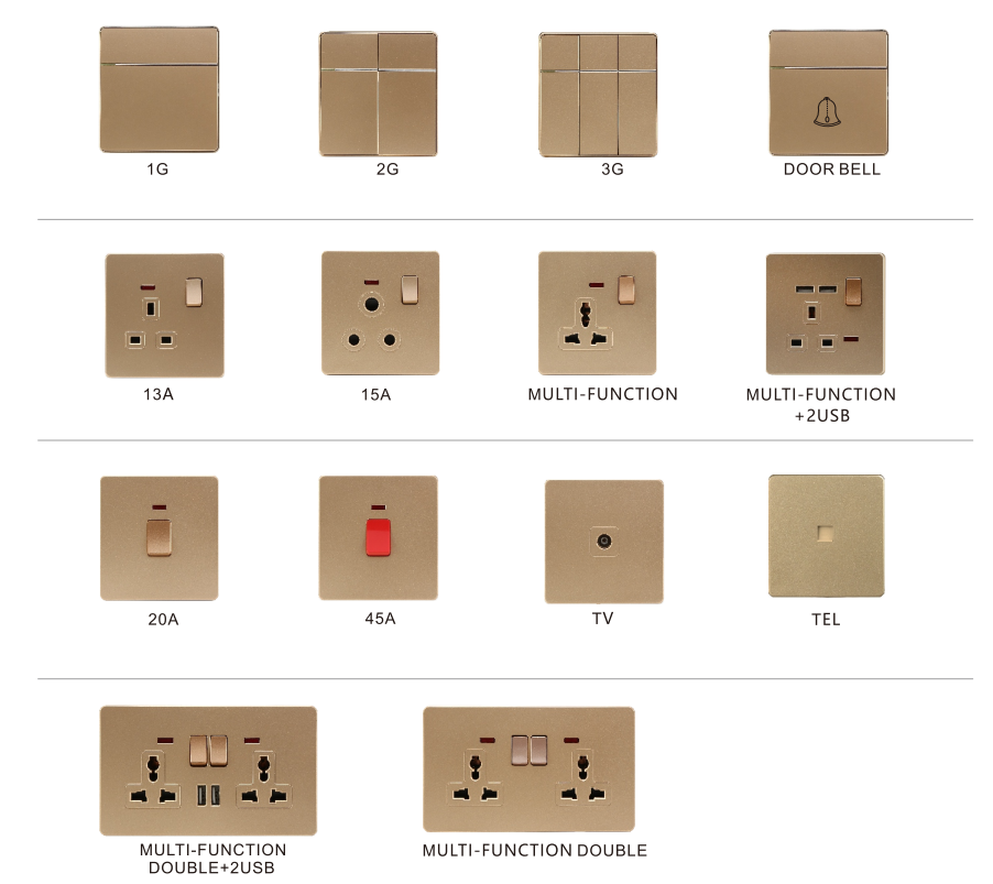 Abuk EU UK Standard CE Rosh electric 10A 13A 16A 1/2/3 Gang electronic power wall light switch and 2 usb socket