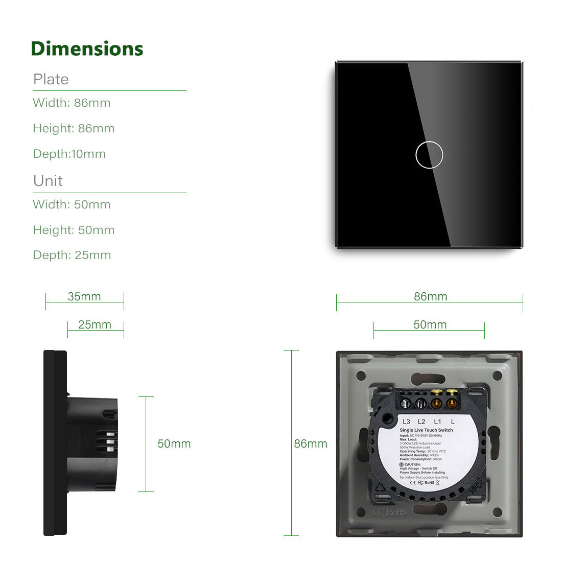 ABUK 2023 CE RoHS eu/uk glass board 86mm 1/2/3 gang 300w low power electronic wall touch light switch for led lights