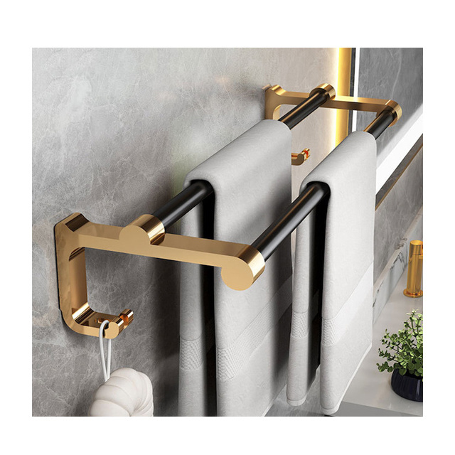 Towel Rod Holder Aluminum Shower Towel Rack for Bathroom/ Kitchen Wall Mounted Double Towel Bar with Hooks 60CM