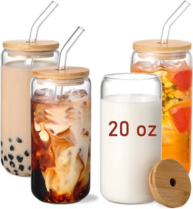 Hot Sale Drinking Glasses with Bamboo Lids and Glass Straw Can Shaped High Borosilicate Heat Resistant Glass Cups