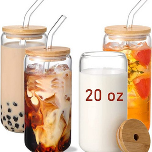 Hot Sale Drinking Glasses with Bamboo Lids and Glass Straw Can Shaped High Borosilicate Heat Resistant Glass Cups