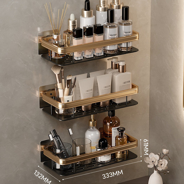 OEM  Bathroom Floating Storage Shelves With 2 adhesive hooks Wall Mounted Single Layer Shower Shelf