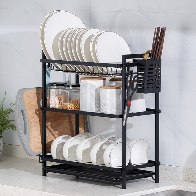 Hot Sale Home Use Metal Dish Drying Rack Under Sink Storage Rack With Drain Pan 2 Tier Kitchen Dish Rack