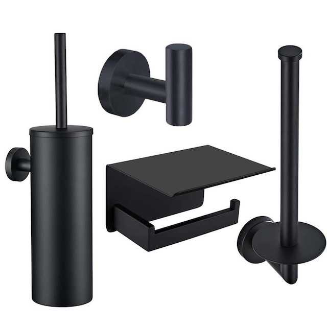 Bathroom Hardware 4 piece Set Black Stainless Steel Toilet Paper Holder Towel Hook Toilet Brush Bathroom Accessories Set