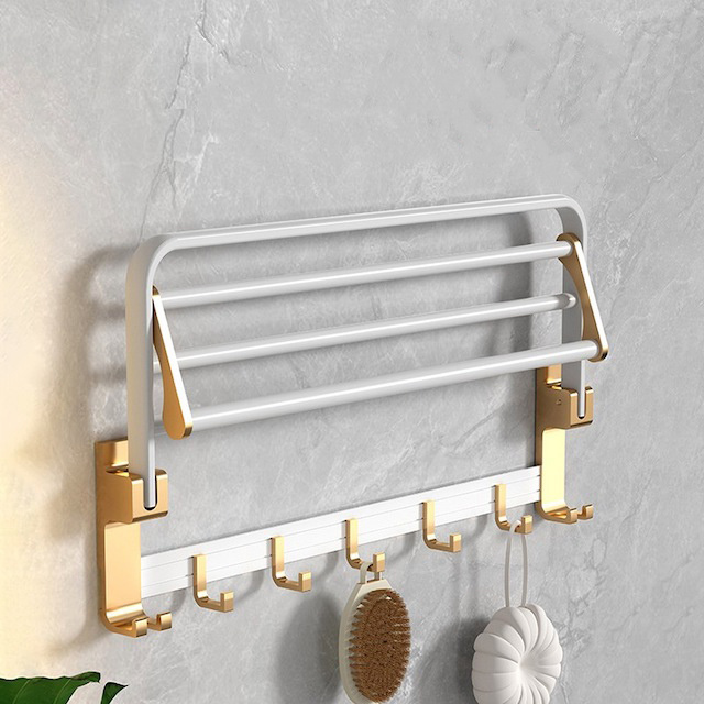 Towel Rod Holder Aluminum Shower Towel Rack for Bathroom/ Kitchen Wall Mounted Double Towel Bar with Hooks 60CM