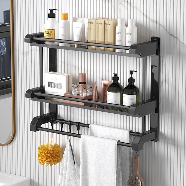 CUSTOM  Wholesale Double Tiers Storage Holder With Hooks and Towel Holder Bathroom Shower Rack Wall Mount