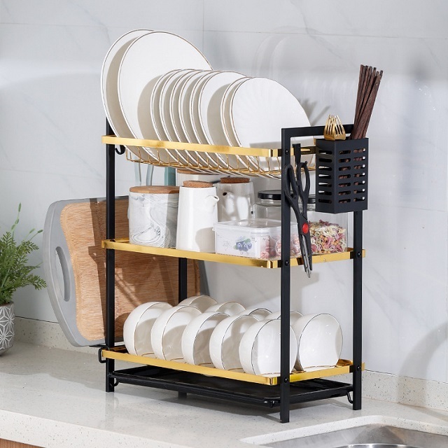 Hot Sale Home Use Metal Dish Drying Rack Under Sink Storage Rack With Drain Pan 2 Tier Kitchen Dish Rack