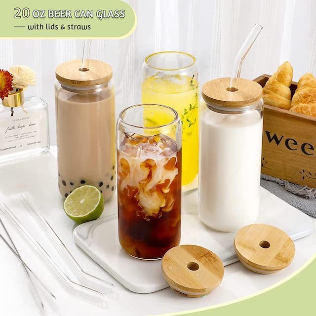 Hot Sale Drinking Glasses with Bamboo Lids and Glass Straw Can Shaped High Borosilicate Heat Resistant Glass Cups