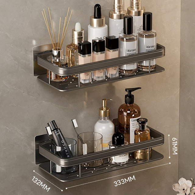 OEM  Bathroom Floating Storage Shelves With 2 adhesive hooks Wall Mounted Single Layer Shower Shelf