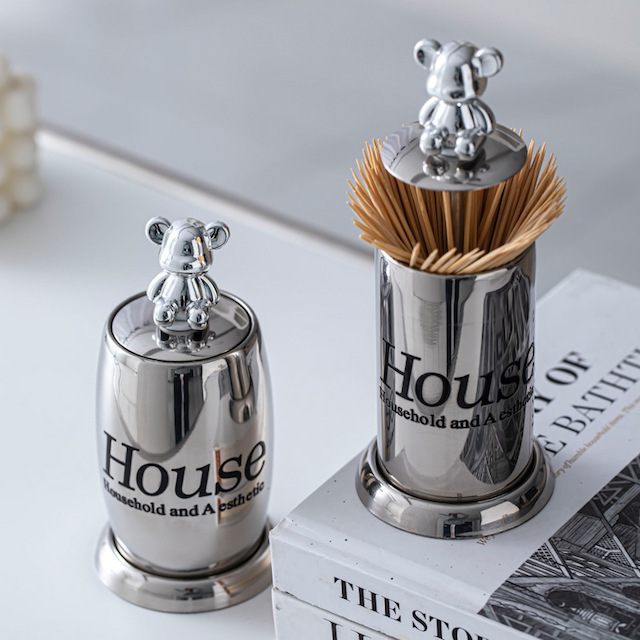 Stainless Steel Toothpick Holder Automatic Pop-up Toothpick Dispenser with a Cute Bear Design for Home Use