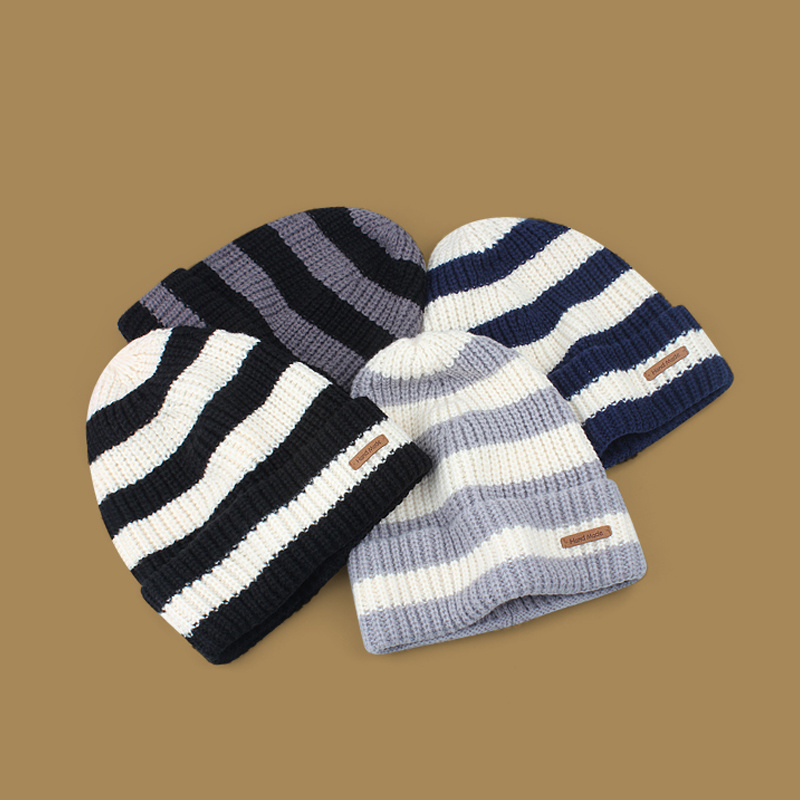 Unisex color block acrylic knitted sports warm soft leather patch men women winter stripe beanie