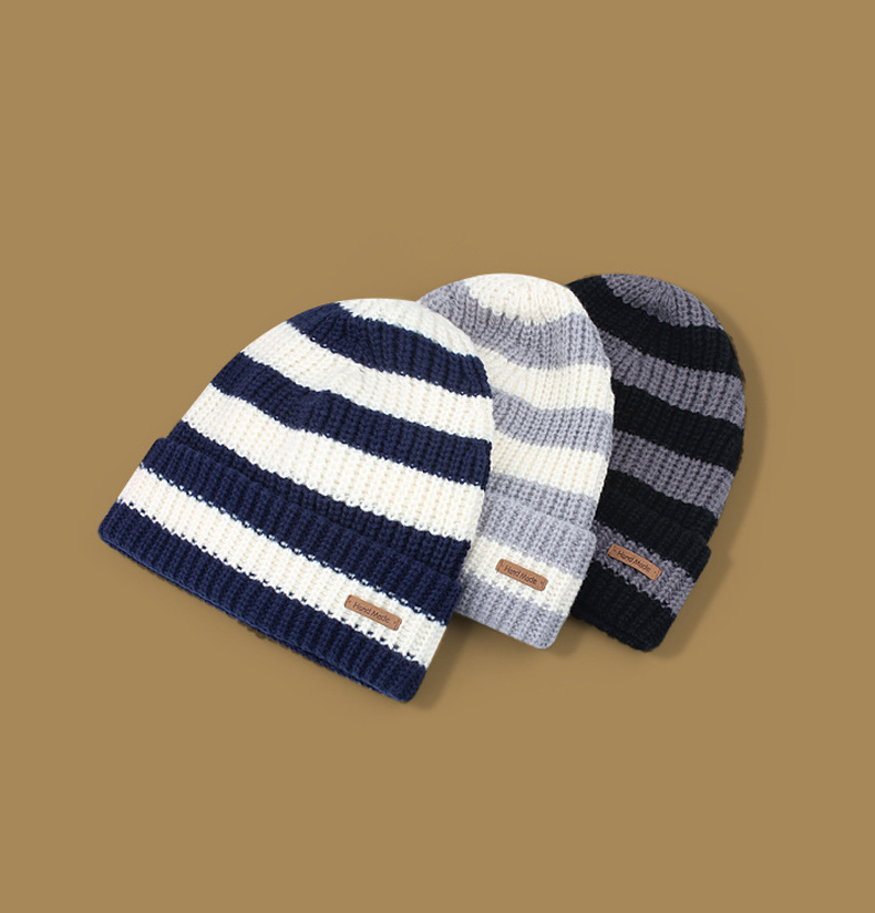 Unisex color block acrylic knitted sports warm soft leather patch men women winter stripe beanie