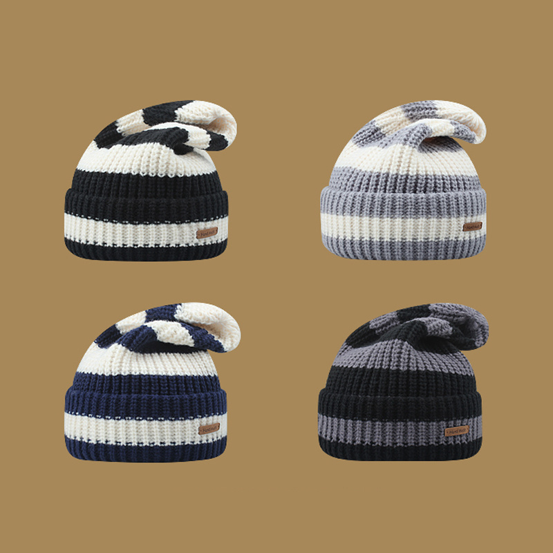 Unisex color block acrylic knitted sports warm soft leather patch men women winter stripe beanie