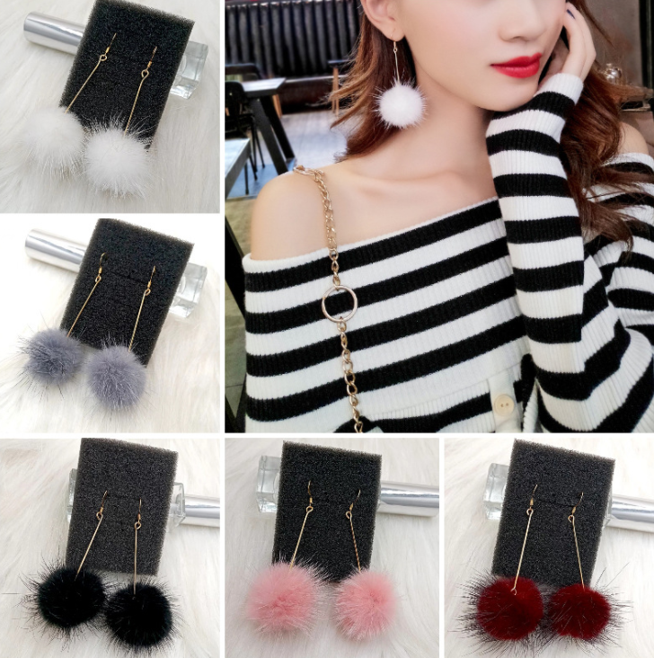 925 sliver needle Korean fashion and temperament long tassel pearl  fur ball winter earrings women