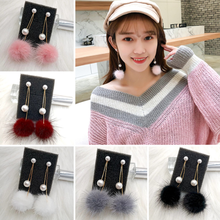 925 sliver needle Korean fashion and temperament long tassel pearl  fur ball winter earrings women