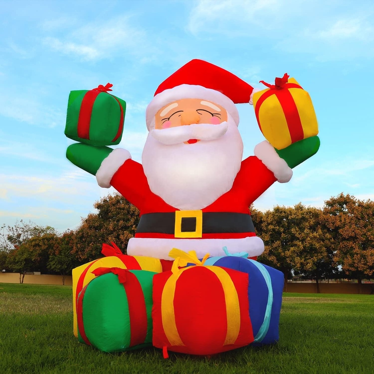 Christmas Inflatables Outdoor Smiling Santa Claus with Present Boxes, Blow Up Yard Decoration Clearance with LED Lights Built-in