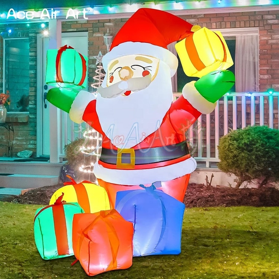 Christmas Inflatables Outdoor Smiling Santa Claus with Present Boxes, Blow Up Yard Decoration Clearance with LED Lights Built-in