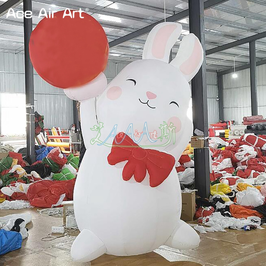 Customized 5mH Cute bunny with red tie holding balloons in hands Festival Advertising Giant Inflatable Bunny Rabbit